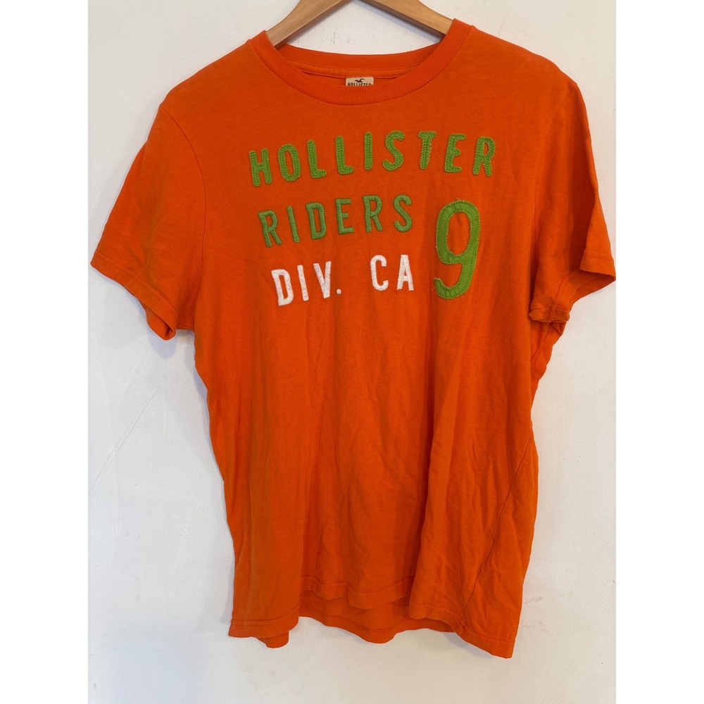 Hollister Riders Div CA Graphic Tee Orange Green Applique Short Sleeve Shirt L